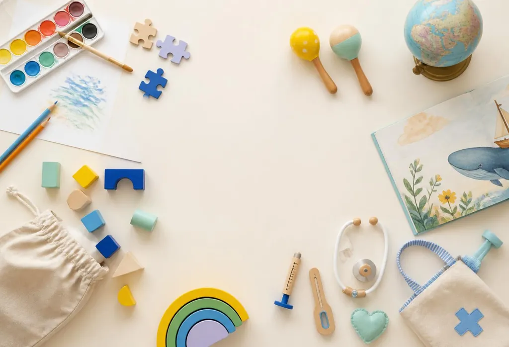 Paints, puzzle pieces, musical shakers and a globe arranged on a table